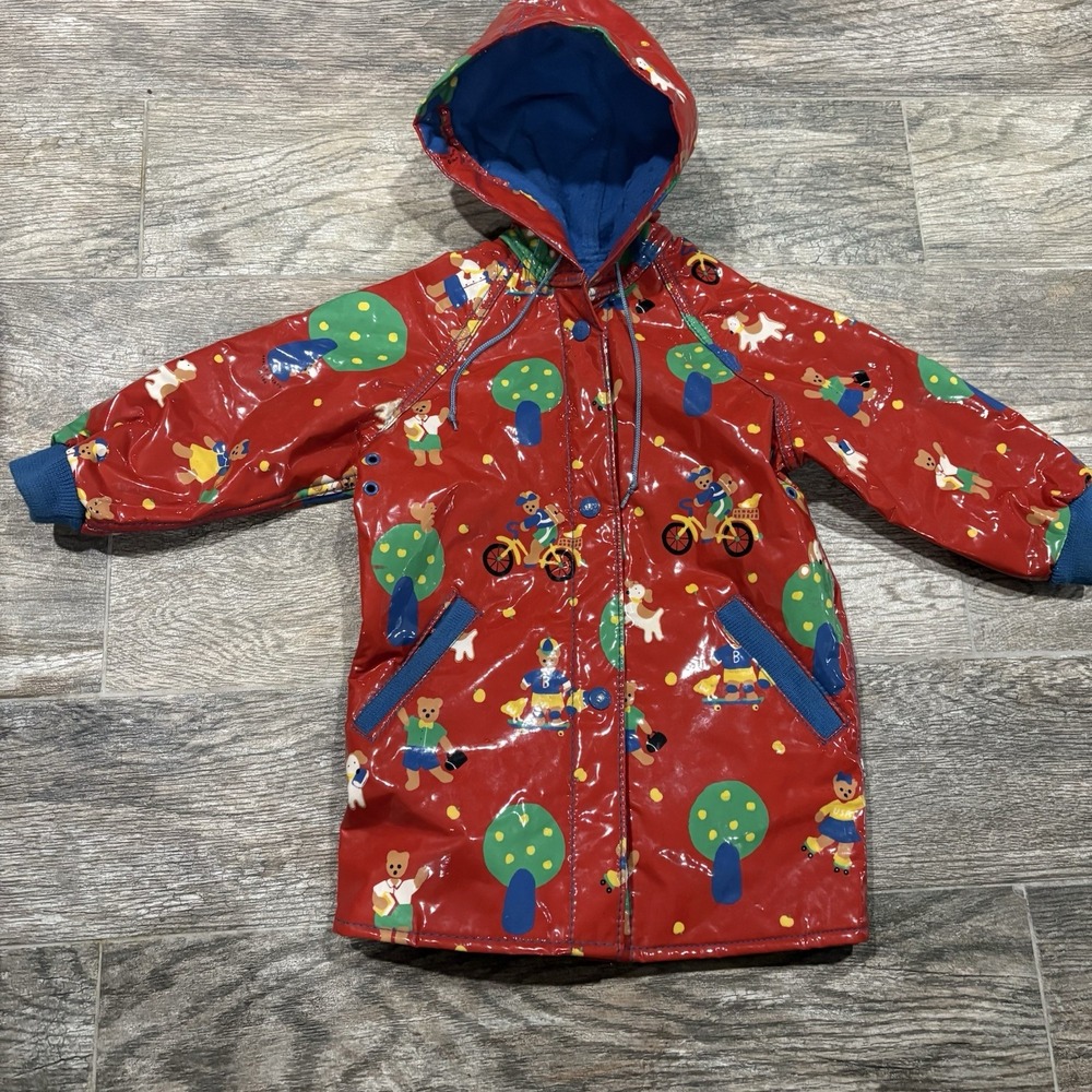 Vintage 80's Rain Bears Kids Hooded Rain Jacket Coat Size 4 Red Blue
